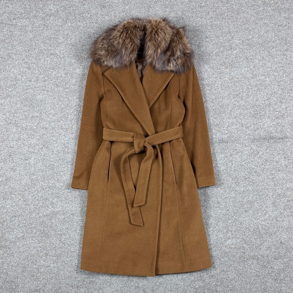Ellen Tracy Brown Wool Long Belted Wrap Coat Women’s 8 Removable Fox Fur Collar - Picture 1 of 14